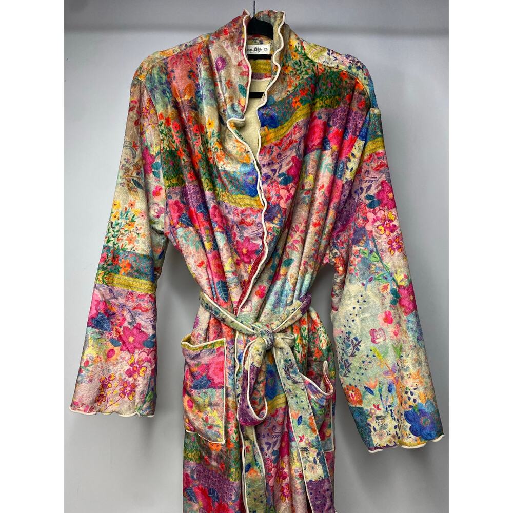 Natural Life Women's XL Fleece Robe Lounge Patchwork Floral Bright Boho Casual - Picture 2 of 5